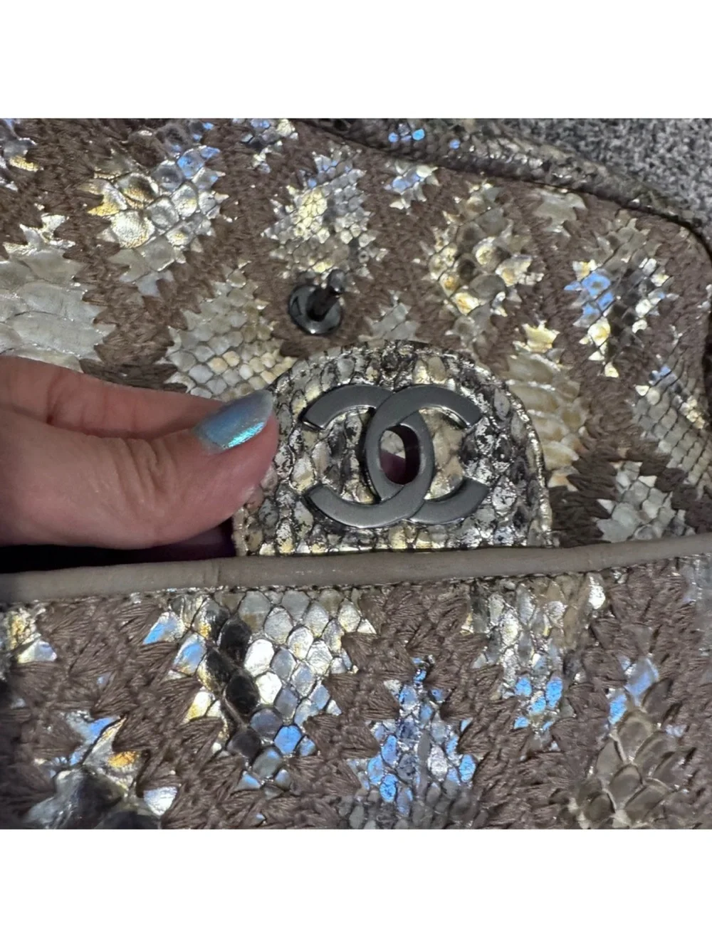 STUNNING CHANEL RARE GOLD/METALLIC PYTHON LEATHER Hobo with Chain Handle